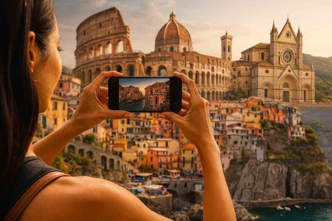 A collage of the top 25 historic cities in Italy with famous landmarks