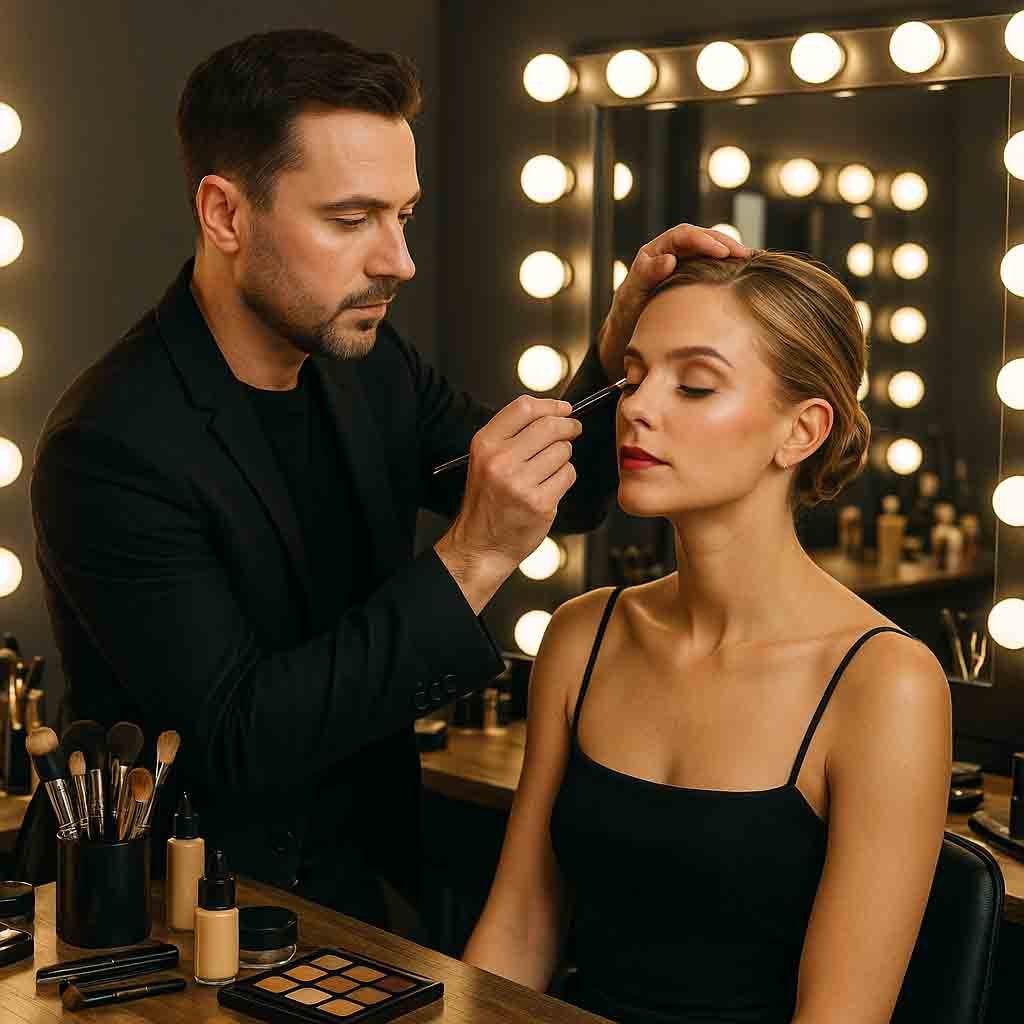 Celebrity makeup artist Gary Meyers applying makeup in a luxury studio