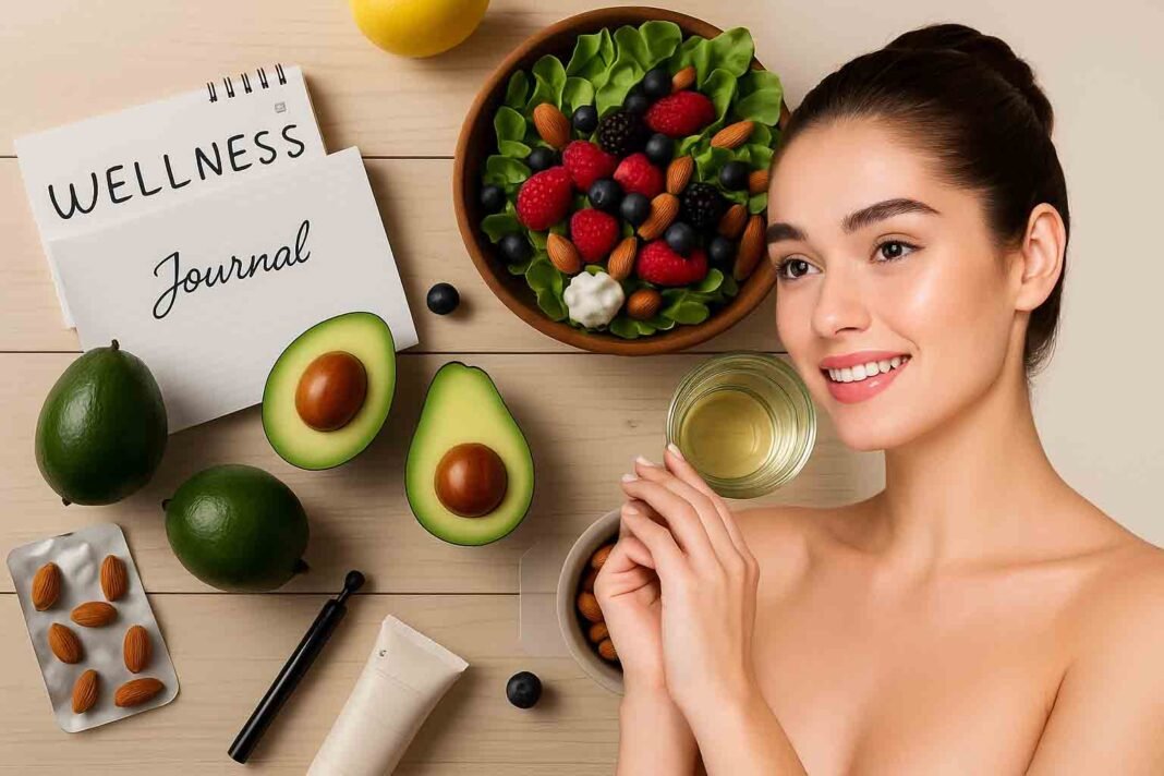Healthy skin foods including berries, avocados, and water in a wellness flatlay