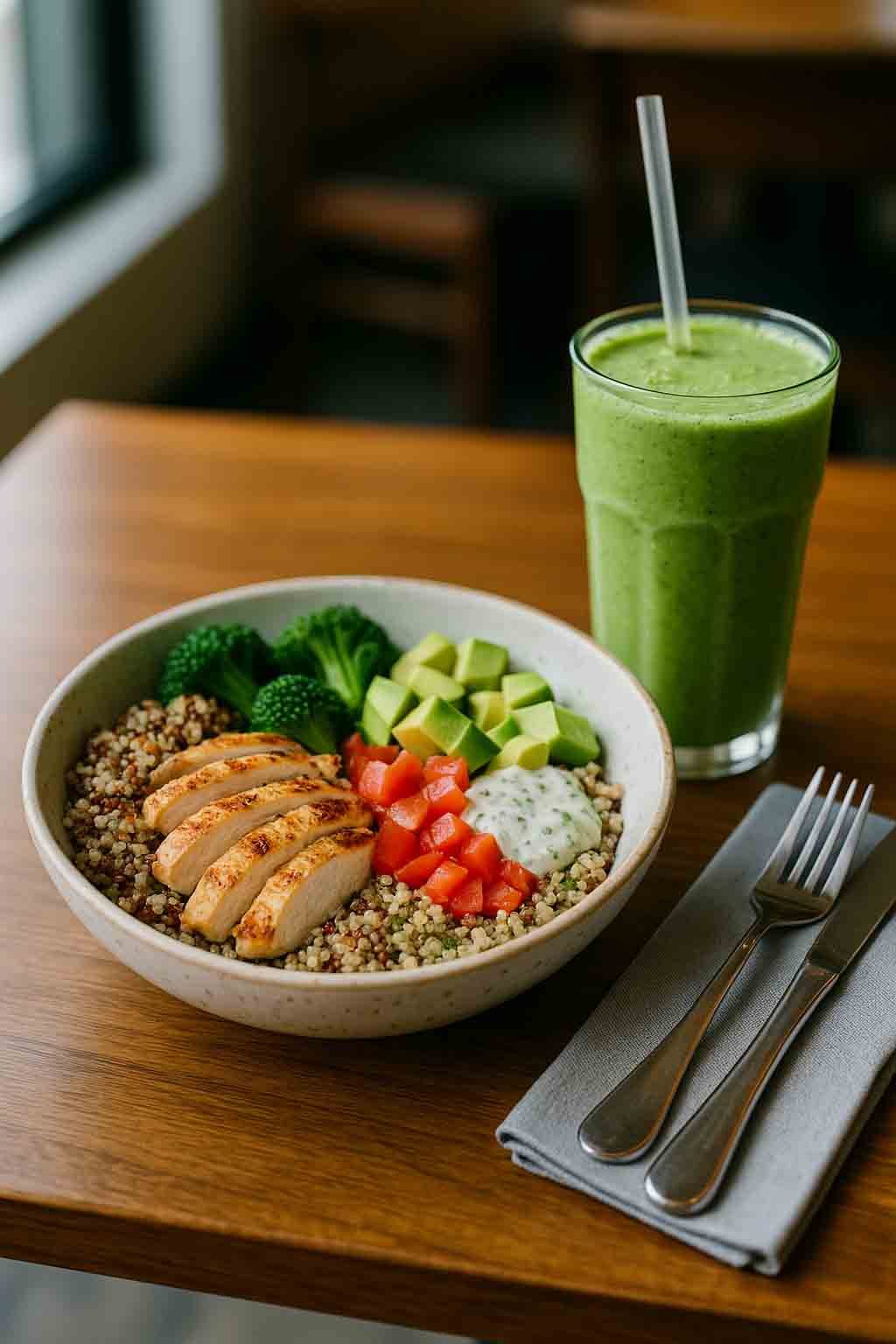 High-protein Houston meal with low-fat smoothie on wooden café table