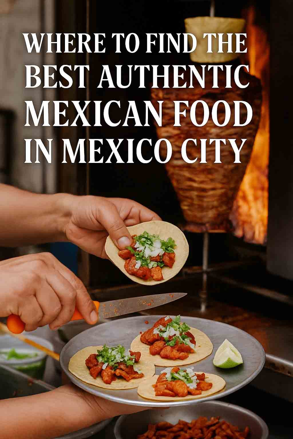 Tacos al pastor being grilled at a street food stall in Mexico City