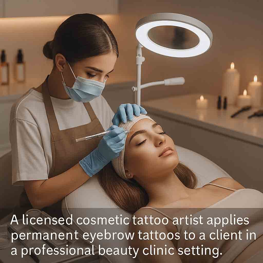 Professional applying permanent eyebrow tattoos in a clean beauty clinic setting.