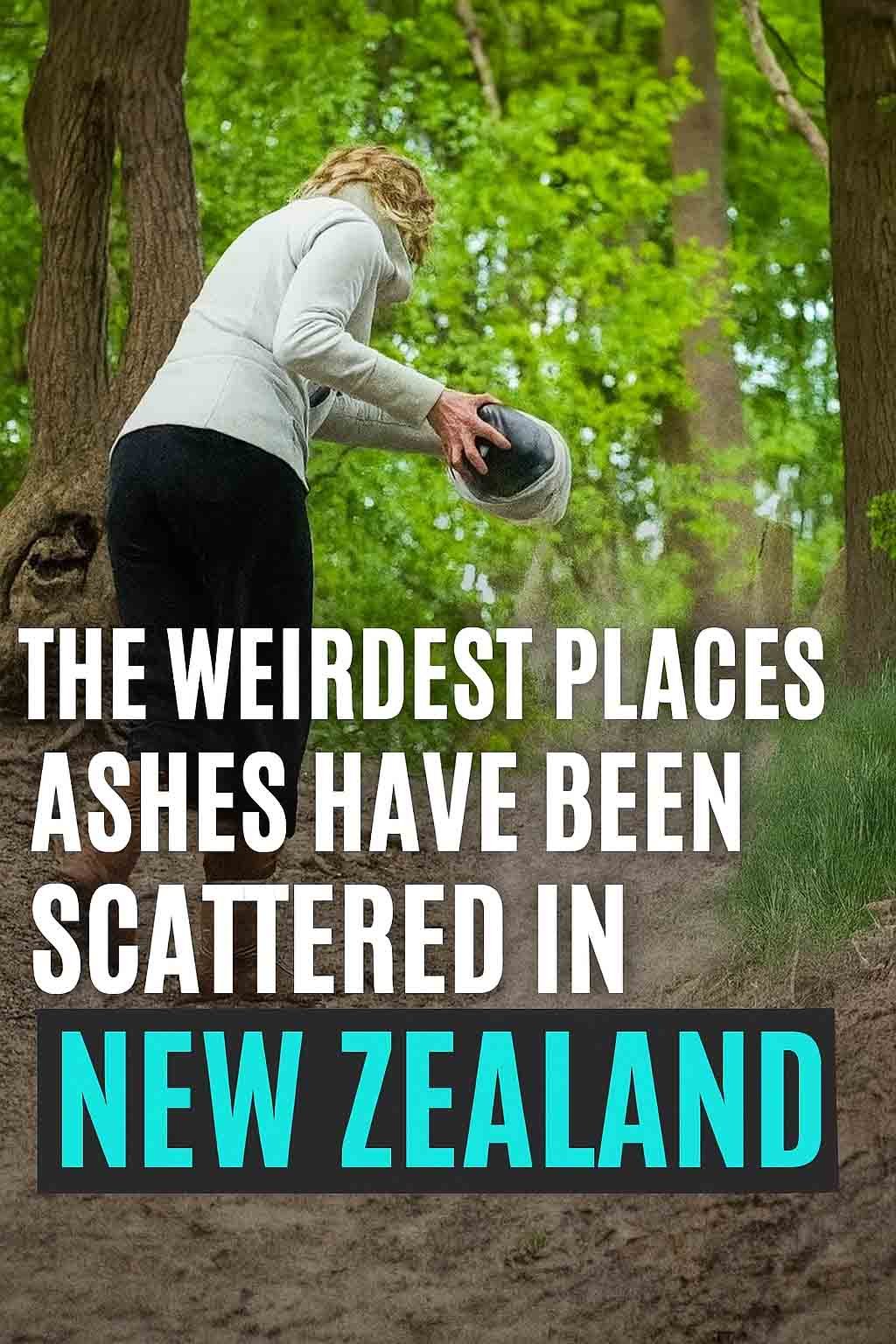 Artistic depiction of ashes scattered across unusual New Zealand landmarks