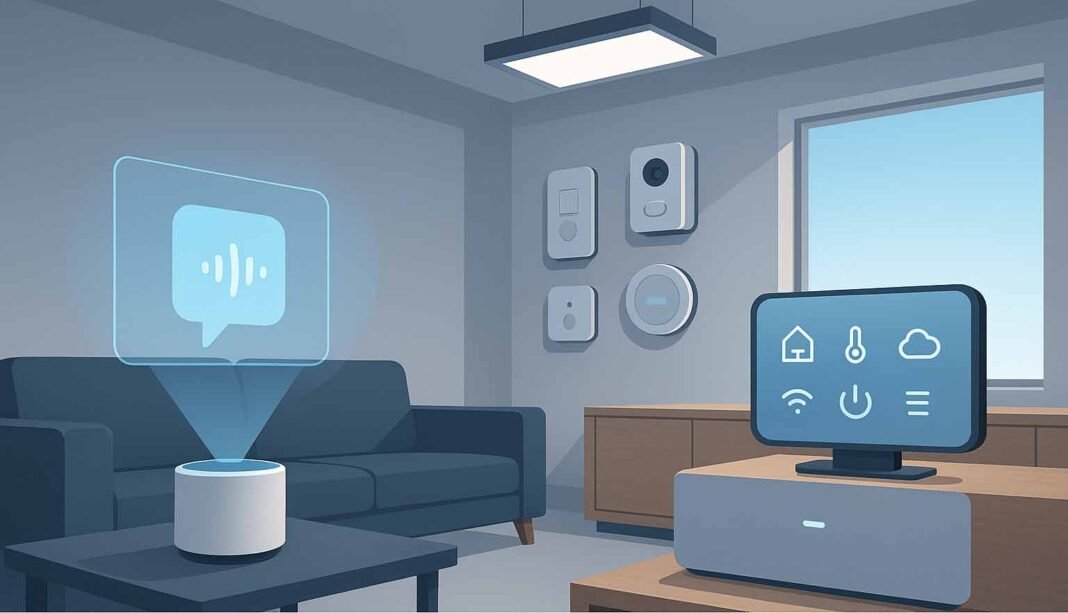 Smart home devices interconnected with future-proof technology in a modern living room