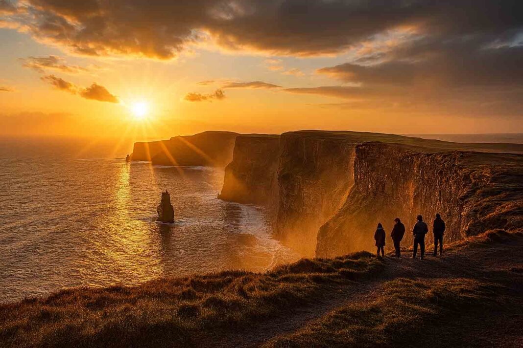 Cliffs of Moher at sunset with tourists admiring the Atlantic Ocean view