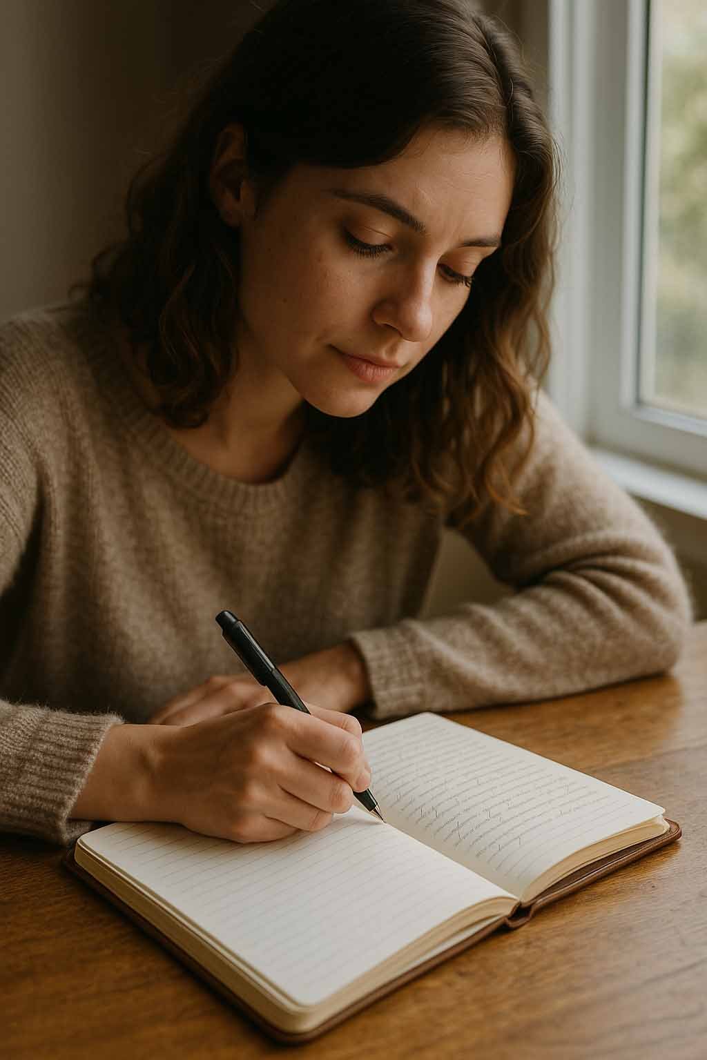 Woman writing in a journal as a form of therapy for anxiety and depression.