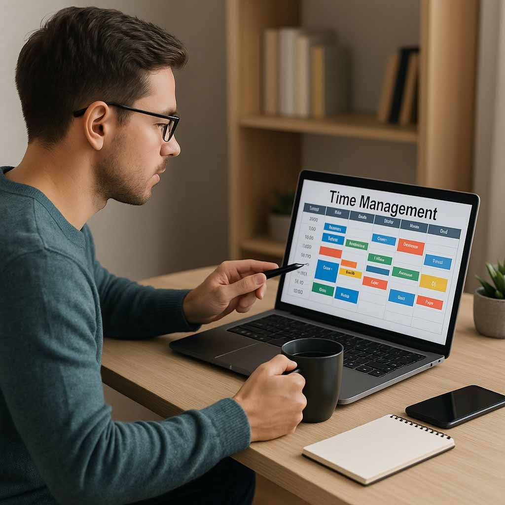 Person using time management tools and productivity apps on a laptop for effective daily planning.