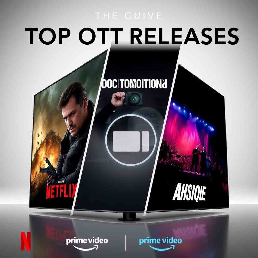 इस हफ्ते की टॉप OTT रिलीज़्स को दिखाने वाली डिजिटल ग्राफ़िक में एक्शन, डाक्यूमेंट्री और म्यूज़िकल ड्रामा के विभिन्न दृश्य शामिल हैं, जिसमें Netflix और Amazon Prime Video के लॉगोस के साथ आकर्षक सामग्री को हाइलाइट किया गया है।