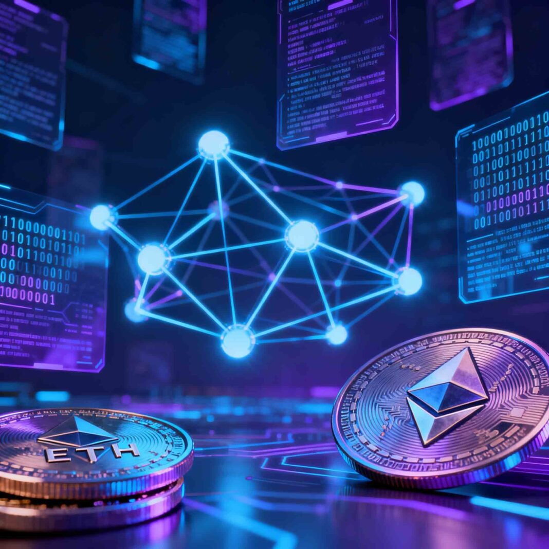 Graphic showing interconnected nodes on the Ethereum blockchain