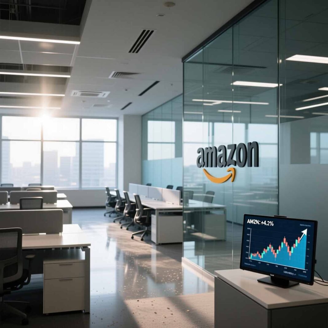 Empty Amazon office interior with stock chart overlay showing share price rise after layoffs.