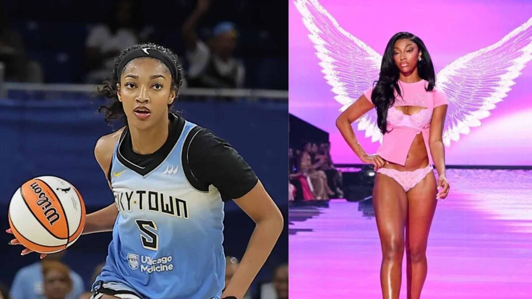 Angel Reese walking the runway at the 2025 Victoria’s Secret Fashion Show in a glamorous metallic outfit, showcasing confidence and athletic elegance.