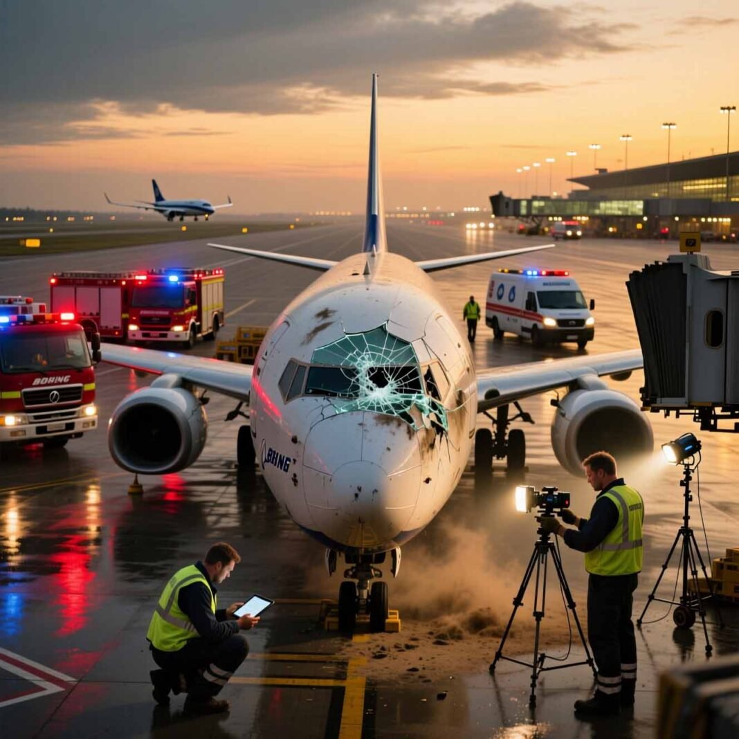 Boeing 737 emergency landing after mid-air windshield crack injures pilot.