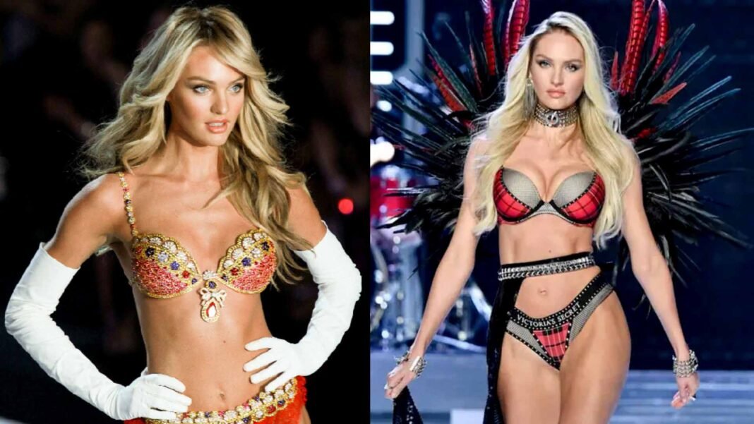 Victoria’s Secret Fashion Show 2025 models walking on runway in angel wings and lingerie.