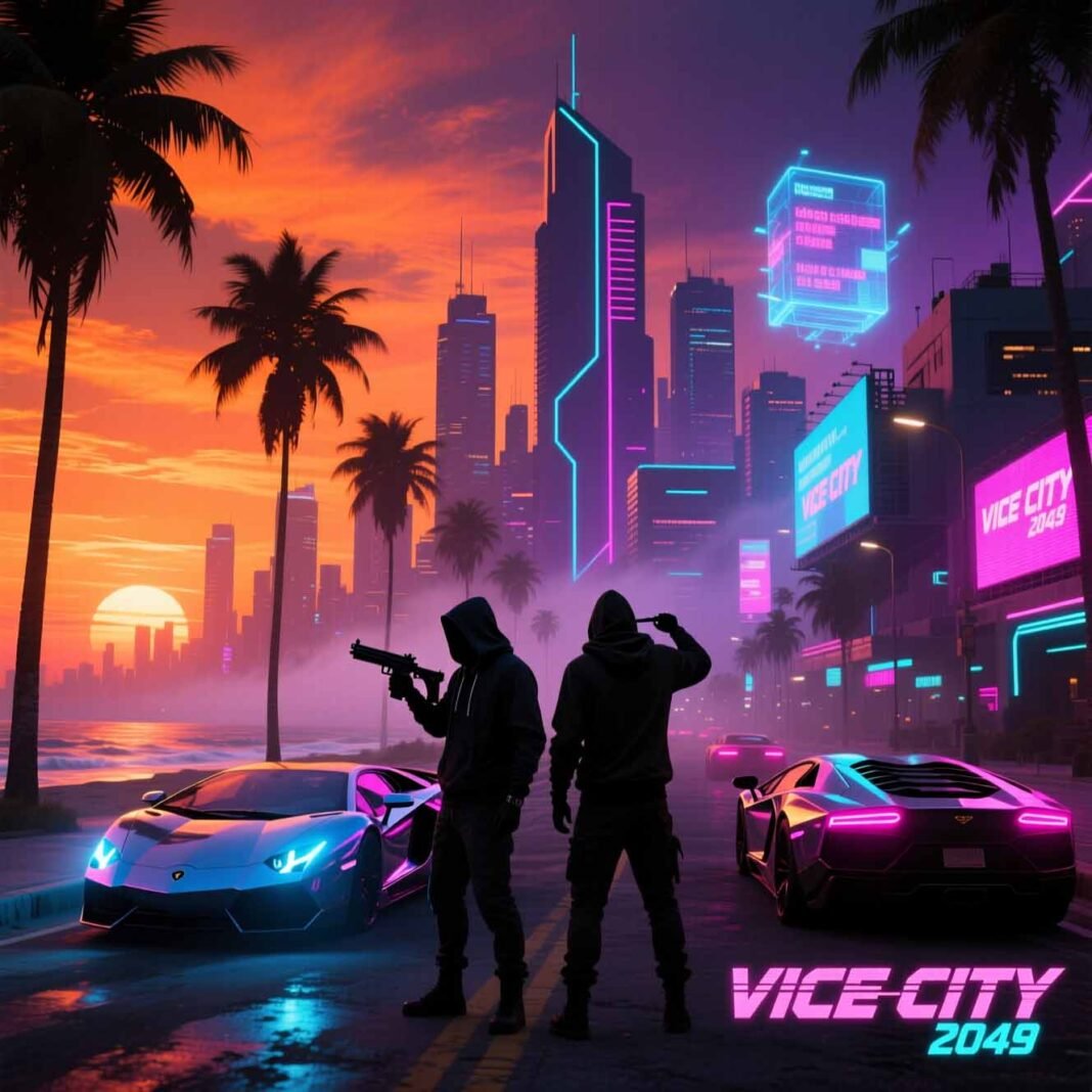 GTA 6 official concept showing Vice City skyline, palm trees, sports cars, and two protagonists under neon sunset.