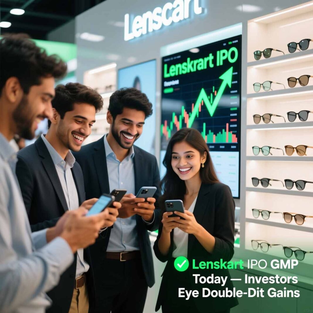 Lenskart IPO grey market premium chart and investor checking live stock updates on mobile.